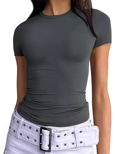 Damen Basic Kurzarm Crop Top Y2K Slim Fit Rundhals T-Shirt