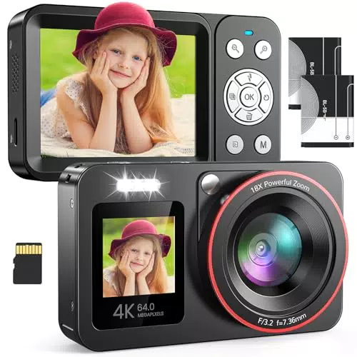 Digitalkamera 4K 64MP FHD für Kinder – Kompaktkamera mit 18X Zoom und 64GB SD Karte
