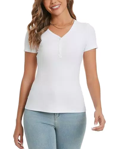 Dosieyeo Damen Shirt Kurzarm V-Ausschnitt Geripptes Stretch T-Shirt Slim Fit