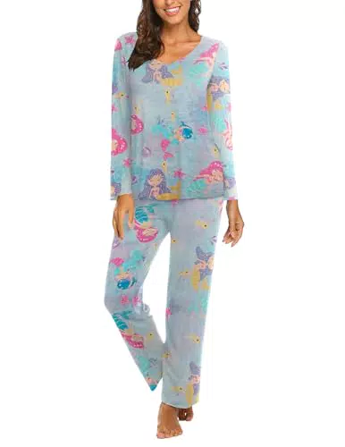 Ekouaer Damen Langarm Pyjama Set V-Ausschnitt Nachtwäsche Meerjungfrau
