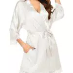 Ekouaer Damen Morgenmantel Sexy Kimono Seidenmantel mit Spitze und Taschen