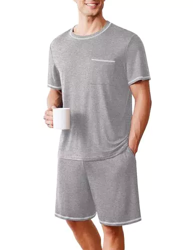 Ekouaer Herren Pyjama Kurzarm Schlafanzug mit Taschen und Hose