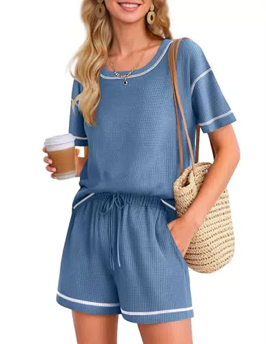 Ekouaer Schlafanzug Damen Sommer Kurz Pyjama Set mit Knopfleiste
