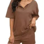 Evolyline Schlafanzug Damen Kurzarm Pyjama Set Sommer V-Ausschnitt Loungewear