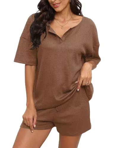 Evolyline Schlafanzug Damen Kurzarm Pyjama Set Sommer V-Ausschnitt Loungewear