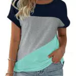 Fisoew Damen T-Shirt Rundhals Farbblock Kurzarm Casual aus Baumwolle
