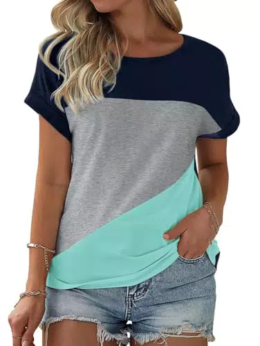 Fisoew Damen T-Shirt Rundhals Farbblock Kurzarm Casual aus Baumwolle