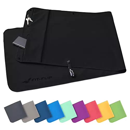 Fit-Flip Fitness Handtuch aus Mikrofaser - mit Magnet und Reißverschluss Tasche - Fitnesshandtuch für Sport und Gym - Kompakt & Schnelltrocknend - Sporthandtuch Fitnessstudio - Dunkelgrau - 130x48cm