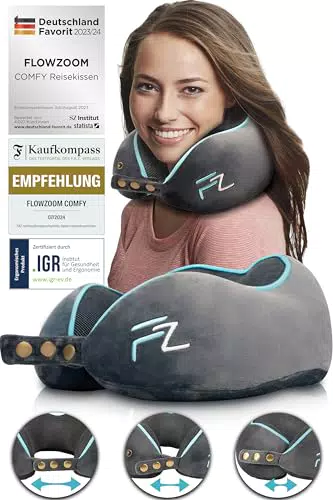 FLOWZOOM Nackenkissen aus Memory Foam für Reisen - Nackenhörnchen für Erwachsene, waschbar - Grau