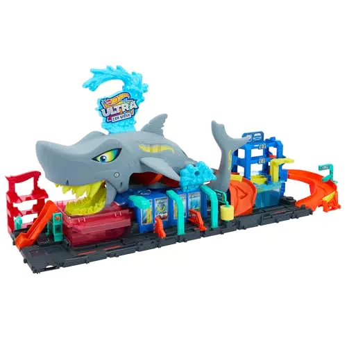 Hot Wheels Let's Race City Spielzeugauto-Trackset mit Hai-Autowaschanlage