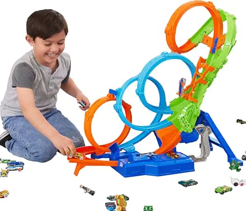 Hot Wheels Trackset mit 4 Loopings und Crash-Zone, Modell HXT06