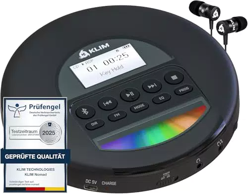 KLIM Nomad CD Player Bluetooth - Tragbarer CD-Player Discman mit langlebigem Akku - Inklusive Kopfhörer - CD-R