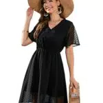 KOJOOIN A-Linie Sommerkleid Damen Elegant Knielang Kurzarm V-Ausschnitt