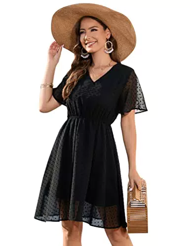 KOJOOIN A-Linie Sommerkleid Damen Elegant Knielang Kurzarm V-Ausschnitt