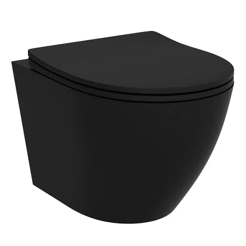 LAVITA Wand-WC Brava Black Hänge Toilette WC Sitz Toilettendeckel mit Absenkautomatik & Metallscharniere Toiletten Spülrandlos Hängend Toilettenbecken 360x480x375 mm Schwarz
