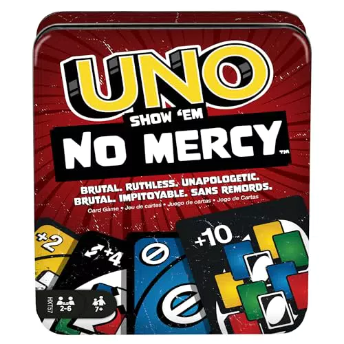 Mattel Games UNO No Mercy Kartenspiel mit Aufbewahrungsdose und Sonderregeln