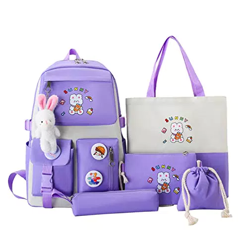 Myyunhx Rucksack für Mädchen mit Plüsch Kaninchenanhänger und Cartoon Aufkleber