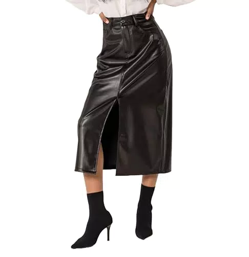 Nina Carter J225 Damen High Waist Lederlook Rock mit Schlitz und Reißverschluss