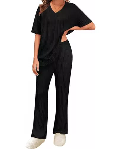 Niwicee Damen Loungewear Set - Elegantes Oberteil mit V-Ausschnitt und weiten Hosen