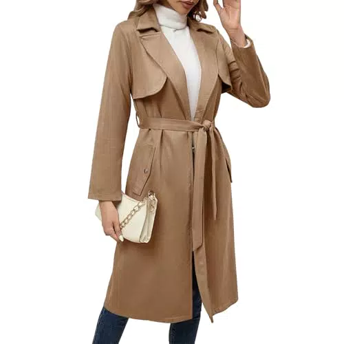 OBEEII Damen Trenchcoat Lang Faux Wildleder Jacke Windbreaker mit Taschen