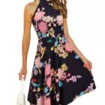 OUGES Sommerkleid Damen Knielang Neckholder mit Blumenmuster und elegantem Schnitt