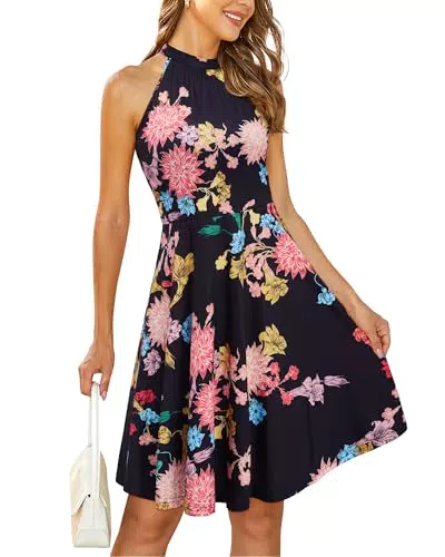 OUGES Sommerkleid Damen Knielang Neckholder mit Blumenmuster und elegantem Schnitt
