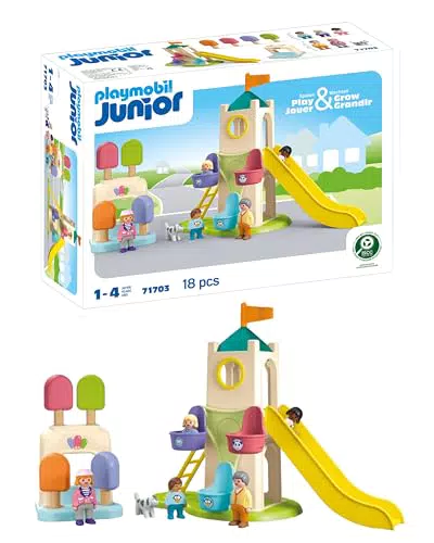 PLAYMOBIL JUNIOR Erlebnisturm mit Eisstand – Nachhaltiges Spielzeug für Kinder ab 1 Jahr