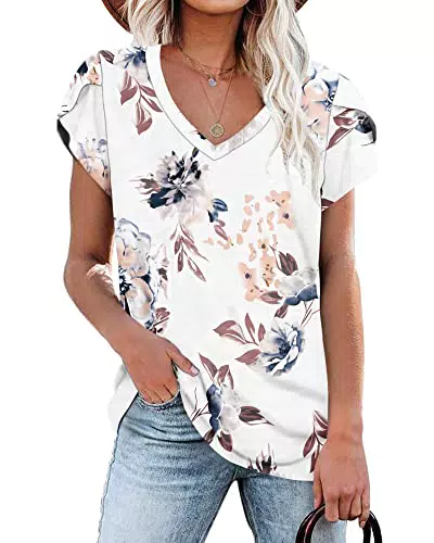PLOKNRD Damen V-Ausschnitt T-Shirt mit Blütenblatt-Ärmeln für den Sommer