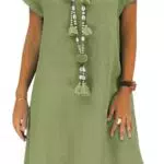 Leinen Sommerkleid Damen V-Ausschnitt Midikleid Kurzarm A-Linie Strandkleid