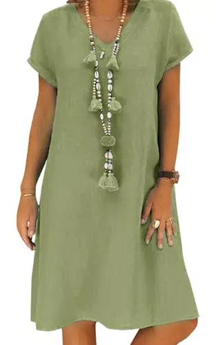 Leinen Sommerkleid Damen V-Ausschnitt Midikleid Kurzarm A-Linie Strandkleid