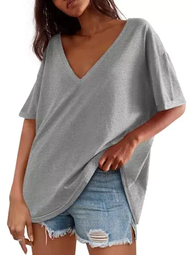 Tankaneo Damen Oversized T-Shirt Kurzarm V-Ausschnitt Casual Tunika Tops