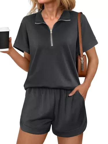 Terecey Damen Trainingsanzug Kurzarm V-Ausschnitt Sportanzug mit Taschen