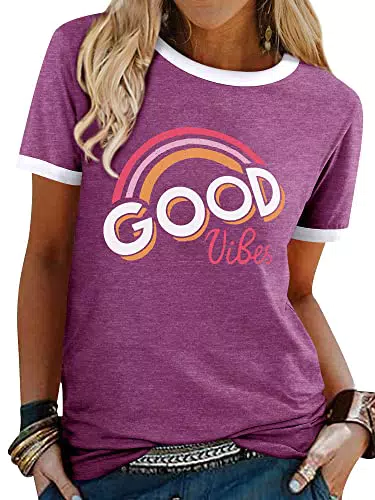 WIEIYM Damen T-Shirt Good Vibes mit Rundhals und Kurzarm für den Sommer