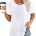WIHOLL Damen Kurzarm Plissee Rundhals T-Shirt Sommer Elegante Bluse