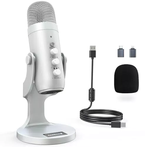 USB Kondensator Mikrofon für PC, Handy, PS4, PS5 - Gaming, Podcast, Streaming - Stumm/Gain/Echo - ASMR - Mac, Windows, Phone Adapter