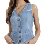 Allegra K Damen Jeansweste Ärmellos Verwaschenes Gilet Denim