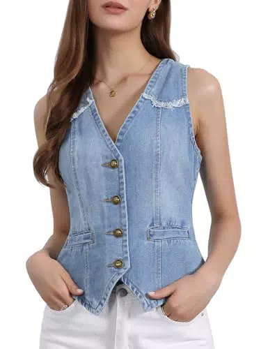 Allegra K Damen Jeansweste Ärmellos Verwaschenes Gilet Denim