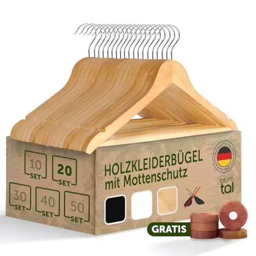 Blumtal 20er Set Kleiderbügel aus Holz - Premium Holzbügel mit Einkerbung im Schulterbereich und rutschfestem Hosensteg