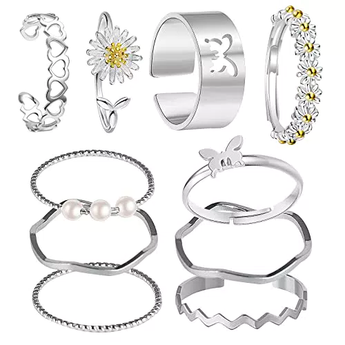 BOZILY Frauenringset, Böhmische verstellbare Fingerringe mit Gänseblümchen-Design