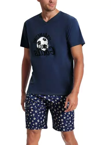 Bresdk Herren Pyjama Kurzarm Schlafanzug mit Fußballmuster