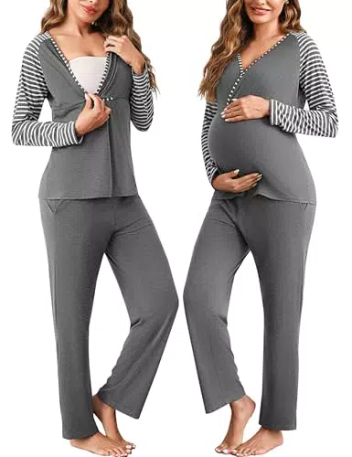Bresdk Stillpyjama Damen Langarm Umstands Schlafanzug mit Stillfunktion