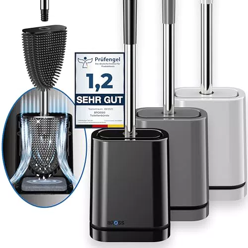BROSS Klobürste Silikon - Patentierte Toilettenbürste - Klobürste Schwarz - WC Bürste & Klobürstenhalter mit Wandmontage & TurboTrocknung - Innovativ & Antibakteriell
