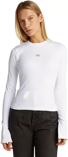 Calvin Klein Damen Langarmshirt Woven Label Rib Top Slim Fit