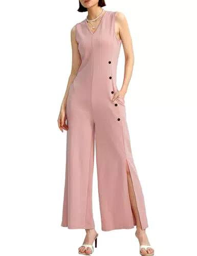 CHERFLY Damen Jumpsuit Elegant Ärmellos V-Ausschnitt mit Seitenschlitz und Taschen