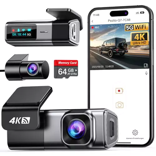 Navycrest Dashcam 4K+1080P mit WiFi, 64GB SD, Nachtsicht, G-Sensor, Parküberwachung