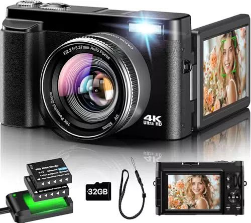 Digitalkamera 4K mit 48MP, 16X Zoom und klappbarem LCD für Anfänger und Kinder