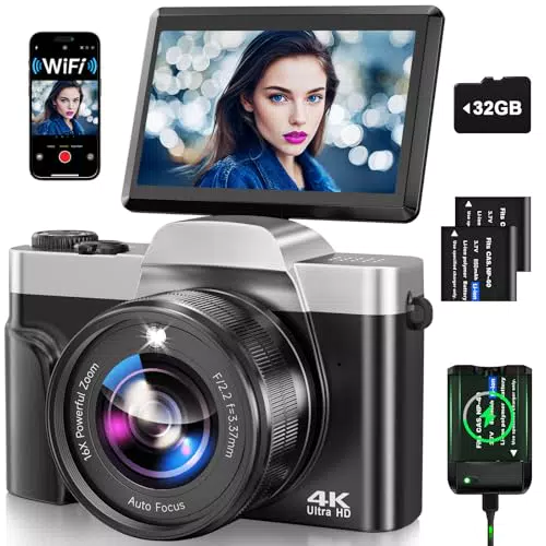 Digitalkamera 4K 64MP mit Autofokus, WLAN, 3" Klappbildschirm und 32GB Karte