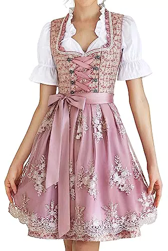 Dirndl Damen Midi Trachtenkleid mit Dirndlbluse und -schürze für Oktoberfest