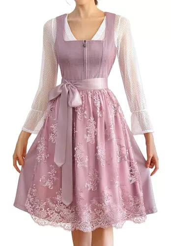 EIISSION Dirndl Damen Trachtenkleid midi Langärmel Dirndlbluse Schürze