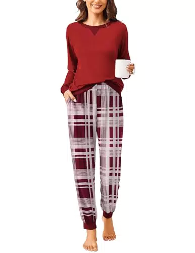 Ekouaer Damen Lang Schlafanzug Zweiteiliger Pyjama Set Rundhals Langarm
